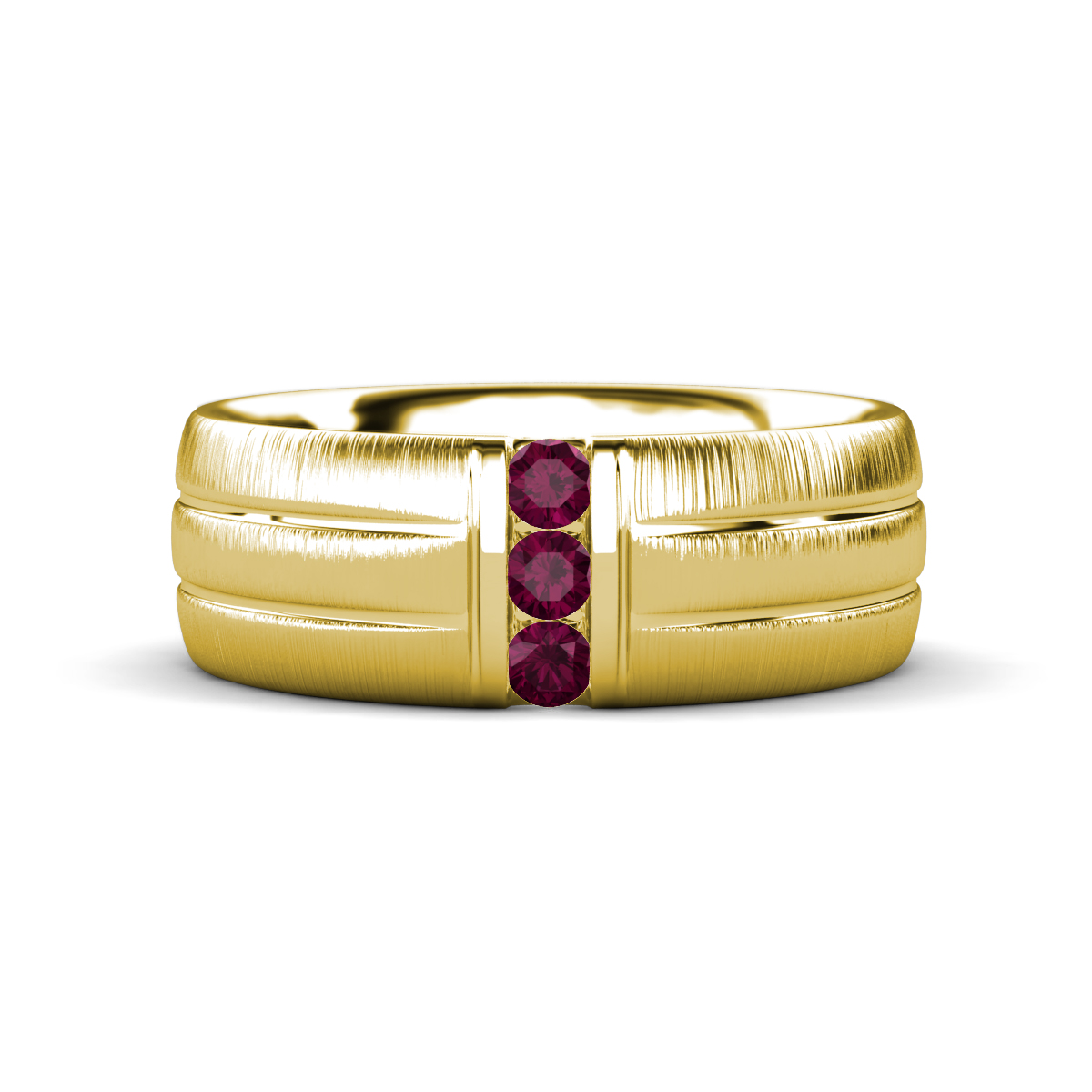 LeBron Round Rhodolite Garnet with Brushed and Polished Finish Three Stone Men's Wedding Band (8 mm) 